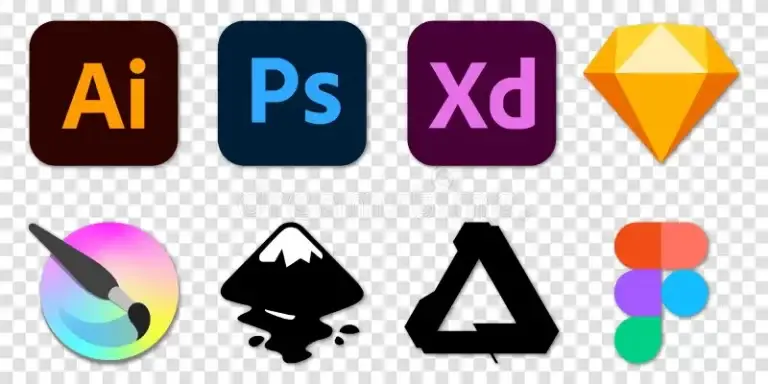 Logos of various design software, including Adobe Illustrator, Photoshop, Adobe XD, Sketch, Krita, Inkscape, Affinity Designer, and Figma