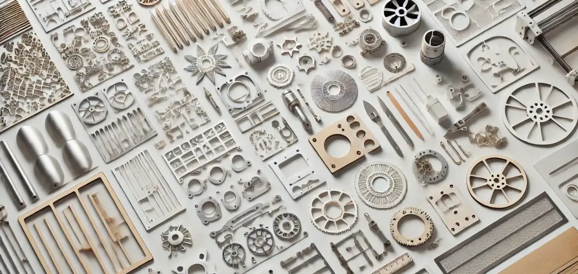 An assortment of laser-cut and machined metal and plastic parts, organized neatly on a flat surface, including gears, wheels, frames, and various intricate components