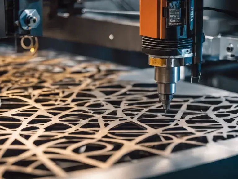 Close-up of a CNC laser cutting machine intricately cutting a complex pattern into a sheet of metal