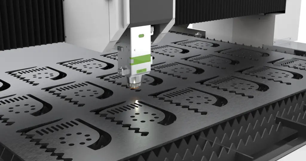 A laser cutting machine precisely cutting intricate designs into a sheet of metal, creating a repeating pattern of detailed shapes