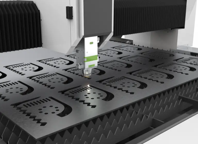 A laser cutting machine precisely cutting intricate designs into a sheet of metal, creating a repeating pattern of detailed shapes